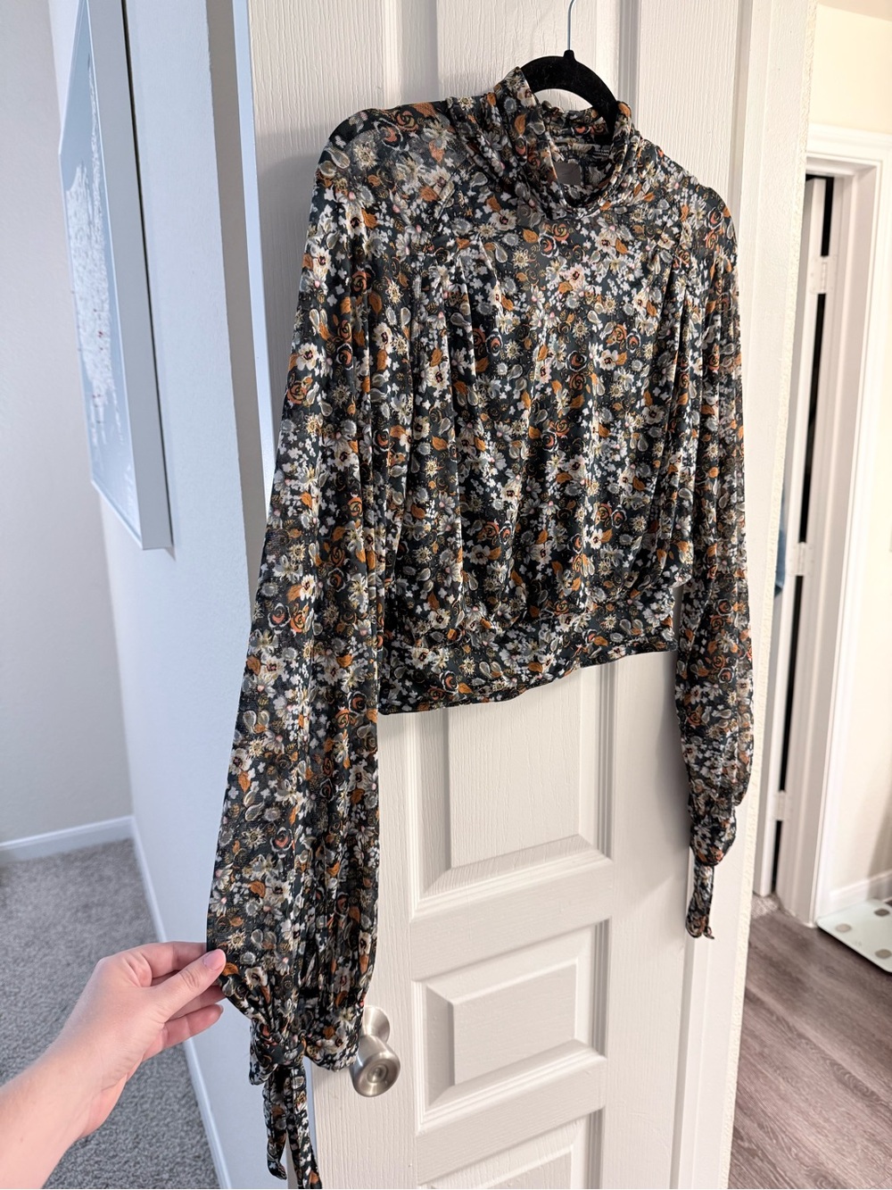 Free People Black Floral Mock Neck Blouse with Rust & Cream Flowers